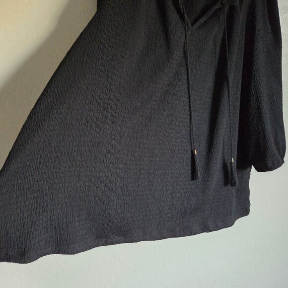 Rose + Olive Crinkle Puff Sleeve Tassel Tie Blouse V-Neck Black 2X Office Career - Picture 5 of 10